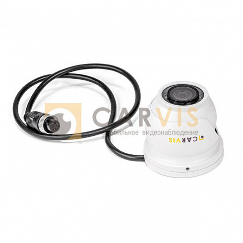 Антивандальная AHD камера CARVIS MC-424IR видеонаблюдения с инфракрасной подсветкой, с множеством светодиодов вокруг объектива, в белом корпусе с прикрепленным черным кабелем и круглым соединителем для монтажа и подключения к питанию.